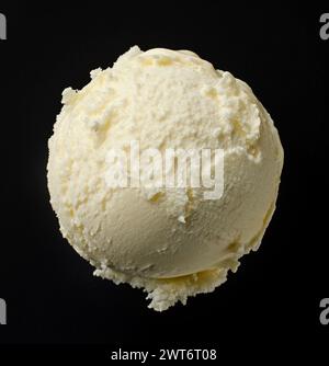 Top view scoop vanilla ice cream in waffle cone with spoon and color ...