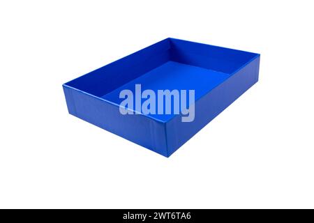 Blue cardboard box isolated on white. Open gift box. Rectangular empty paper container isometric view. Stock Photo