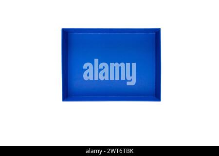 Blue cardboard box isolated on white. Open gift box. Rectangular empty paper container top view. Stock Photo