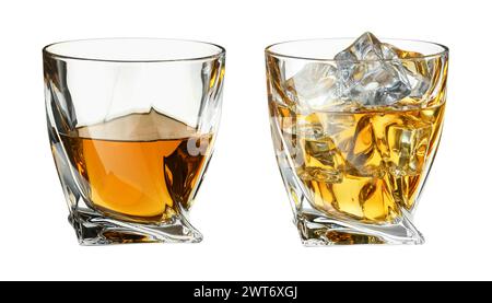 Whiskey in glasses isolated on white. One cool with ice Stock Photo