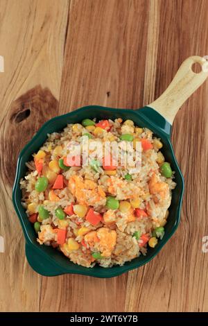 Top View Yangzhou Fried Rice, Chinese Stir Fry Nasi Goreng with Vegetable, Eggs, and Pork, Shrimp, or Chicken Stock Photo