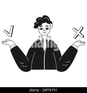 Digital business illustration of a guy weighing the pros and cons Stock Vector