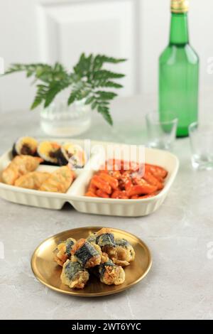 Korean traditional snack - Nori seaweed sheets on the wood background ...