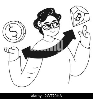 Digital business illustration guy coin and bitcoin circulation Stock Vector
