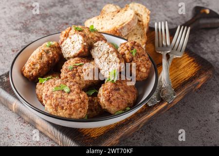 Dietary Buckwheat meatballs made of minced beef and boiled buckwheat porridge with onions, spices close-up in a plate on the table. Horizontal Stock Photo