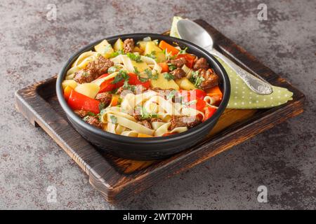 Lagman or Laghman thick Warming Beef Soup with homemade noodles and vegetables closeup on the plate on the wooden board. Horizontal Stock Photo