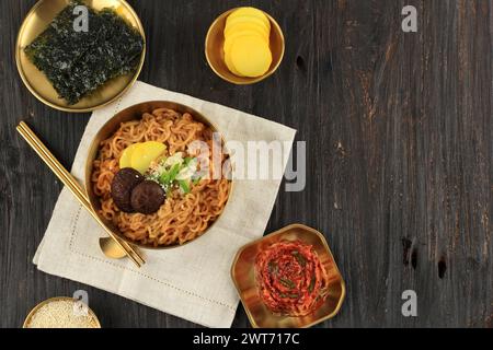 Top View Korean Instant Noodle Ramyeon with Side Dish Stock Photo