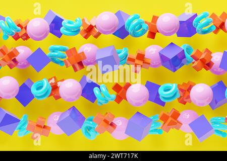 3D rendering.  Colorful  pattern of cubes of different shapes. Minimalistic pattern of simple shapes. Bright creative symmetric texture Stock Photo
