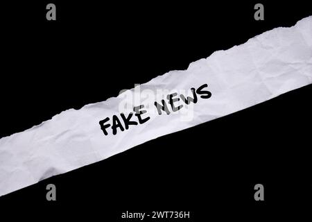Fake news words written on white torn paper with black background. Conceptual symbol. Copy space. Stock Photo