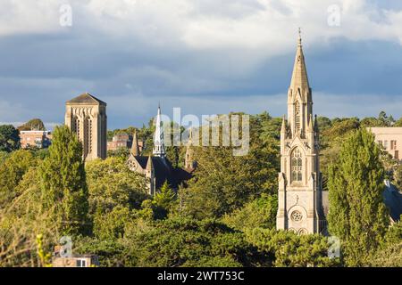 St Stephen's church and St Peter's church towers amongst trees in cityscape, Bournemouth, Dorset, UK Stock Photo