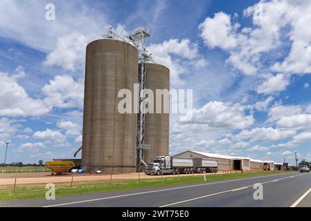 Roadtrain truck unloading a grain storage facility concrete silos at Wallumbilla Queensland Australia Stock Photo