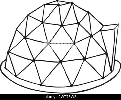 geodesic dome made of glass. Touristic hand drawn colored icon for glamping vacation. Flat line style glamping travel logo. Vector illustration. Stock Vector