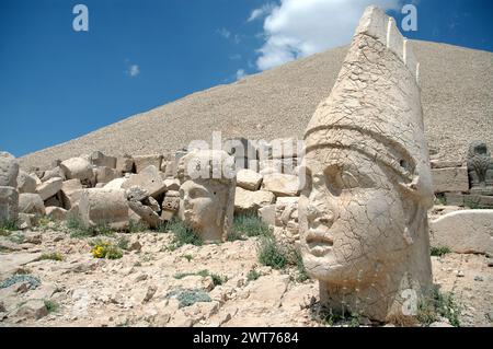 Giant God heads on Mount Nemrut. Anatolia, Turkey. Ancient colossal stone statues representing legendary mythological figures Stock Photo