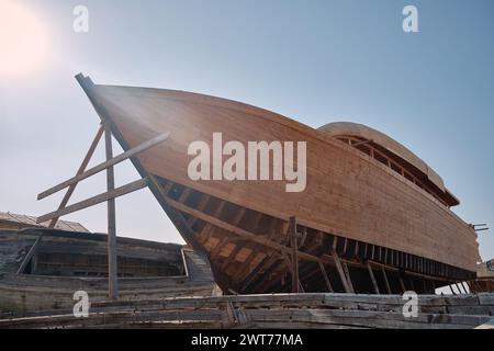 Yacht at wharf under construction Stock Photo