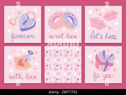 Set of pink flat vector cute Valentine's Day cards padlock with key, gift, kisses Stock Vector