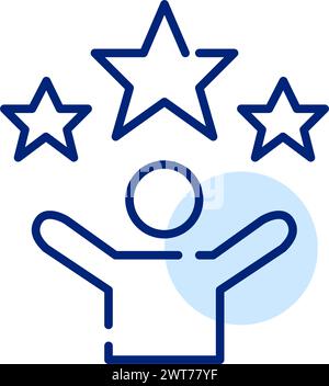 Person with arms raised in triumph, stars, representing victorious career journey. Pixel perfect, editable stroke icon Stock Vector