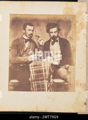 Portrait of two men at a table. Jakob Höflinger, photographer (Swiss, 1819 - 1898) about 1850s Portrait of two men sitting at a table covered with a plaid tablecloth. Both men lean on the table as they look at the camera, and one of the men holds a cigar up to his mouth and a mug of beer in the opposite hand. Stock Photo