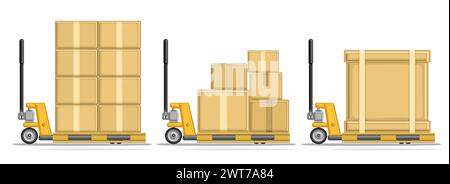 Vector set of Pallet Trucks, horizontal header with isolated illustrations of profile side view pallet jack with pile of paper boxes, warehouse pallet Stock Vector