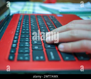 Man pressing notebook laptop computer with doodle icon cloud symbols ...