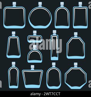 Set of color illustration with bottle of perfume spray. Isolated vector object on black background. Stock Vector