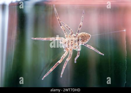 Nosferatu spider, trapped under glass with spun thread Stock Photo