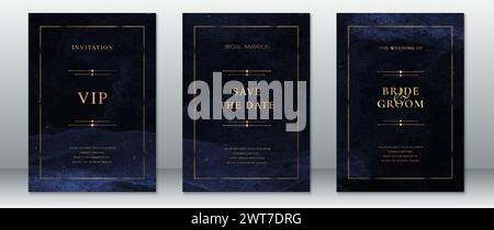 Elegant wedding invitation card template design dark background luxury with space of blue and black Stock Vector
