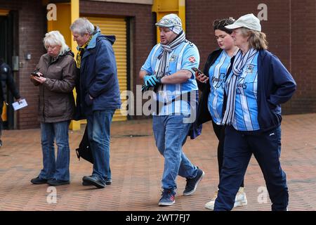 Wolverhampton, UK. 16th Mar, 2024. Coventry City fans make their way to the stadium ahead of the Emirates FA Cup Quarter- Final match Wolverhampton Wanderers vs Coventry City at Molineux, Wolverhampton, United Kingdom, 16th March 2024 (Photo by Gareth Evans/News Images) in Wolverhampton, United Kingdom on 3/16/2024. (Photo by Gareth Evans/News Images/Sipa USA) Credit: Sipa USA/Alamy Live News Stock Photo