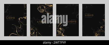 Set of Liquid backgrounds. Luxury Marble stone texture with glowing golden veins. Futuristic posters with abstract lines. Vector minimalistic Stock Vector