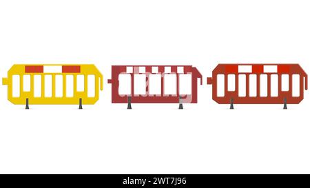Set of plastic portable road barriers isolated on a white background. Front view, vector illustration. Stock Vector