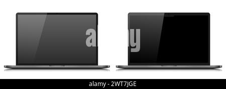 A set of realistic laptops in a metal case with reflection. Layouts of two laptops with black screens. Stock Vector