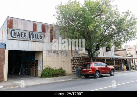 Tanunda town centre and historic trail buildings including tin facade char mills sign,Barossa Valley,South Australia,2024 Stock Photo