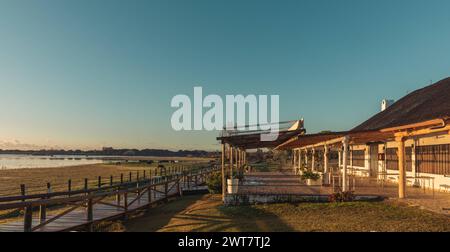 Travel Spain Andalusia nature environment and important national parks Landscape of the Lagoon in rocio in the Coto de Donana National Park at sunrise Stock Photo