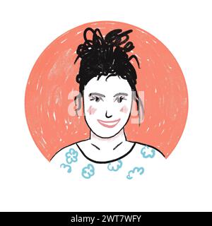 Hand drawn illustration of young woman black hair white skin in round circle. Funny cartoon avatar in doodle style, face modern graphic poster happy colorful print in hipster contemporary style Stock Photo