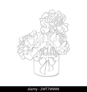A detailed drawing of a vase filled with blooming peonies. The flowers are intricately hand-painted, adding a realistic touch to the artwork Stock Vector
