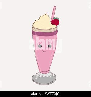 A pink smoothie served in a glass with a striped straw and a fresh cherry placed on top Stock Vector