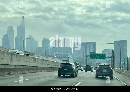 Traffic moves along the Schuylkill Expressway near Center City Philadelphia. Stock Photo