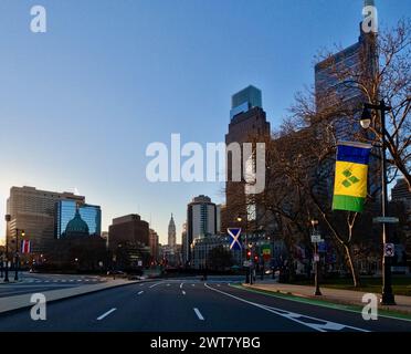 Center City Philadelphia, as seen from Logan Square along the Benjamin Franklin Parkway. Stock Photo