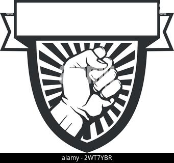 Raising fist badge. Rebel symbol. Strike logo Stock Vector