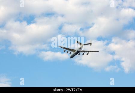 The world's largest aeroplane, the Antonov An-225 Mriya, flies over the