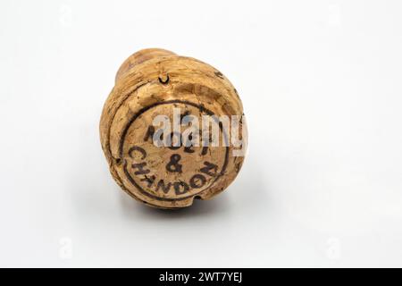 Kyiv, Ukraine - June 18, 2022: Studio shoot of Moet and Chandon champagne bottle cork closeup on white. It is a French fine winery, part of the luxury Stock Photo