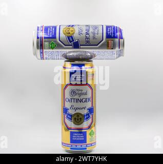 Kyiv, Ukraine - September 02, 2022: Studio shoot of German Oettinger Pils and Export beer cans closeup against white background. Stock Photo