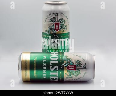 Kyiv, Ukraine - October 20, 2022: Holsten beer cans closeup against white. It was first developed in the north of West Germany in 1953. Stock Photo