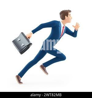 3d cartoon businessman running very fast with a briefcase, illustration isolated on white background Stock Photo