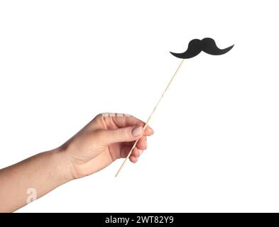 Woman with fake paper mustache on white background, closeup Stock Photo