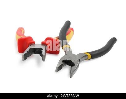 Different pliers isolated on white. Construction tool Stock Photo