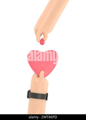 Blood donation concept. Drop of blood hold in hand giving the heart. 3D illustrations flat design. Donor day. Medical background.3D rendering on white Stock Photo