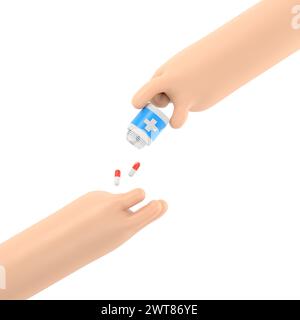 Doctor giving pills patient. 3D illustration flat style design. Holding bottle with medications in hands. Healthcare concept. Take painkillers drugs.3 Stock Photo