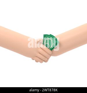 Money handshake. Corruption concept. Successful deal. Money in the palm. Banknotes in hand. Corrupt partnership. Illegal deal. 3D illustration flat de Stock Photo