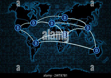 International bitcoin transactions on a dark world map background. Stock Photo