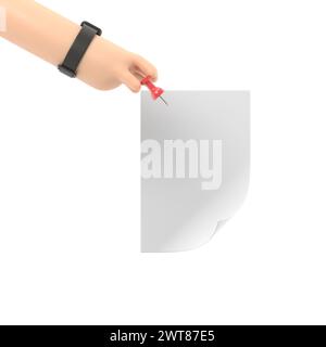 Paper push pins. Thumbtack in hand man. Empty white sheet. 3D illustration flat design. Attach announcement to wall. Reminder idea. List message.3D re Stock Photo